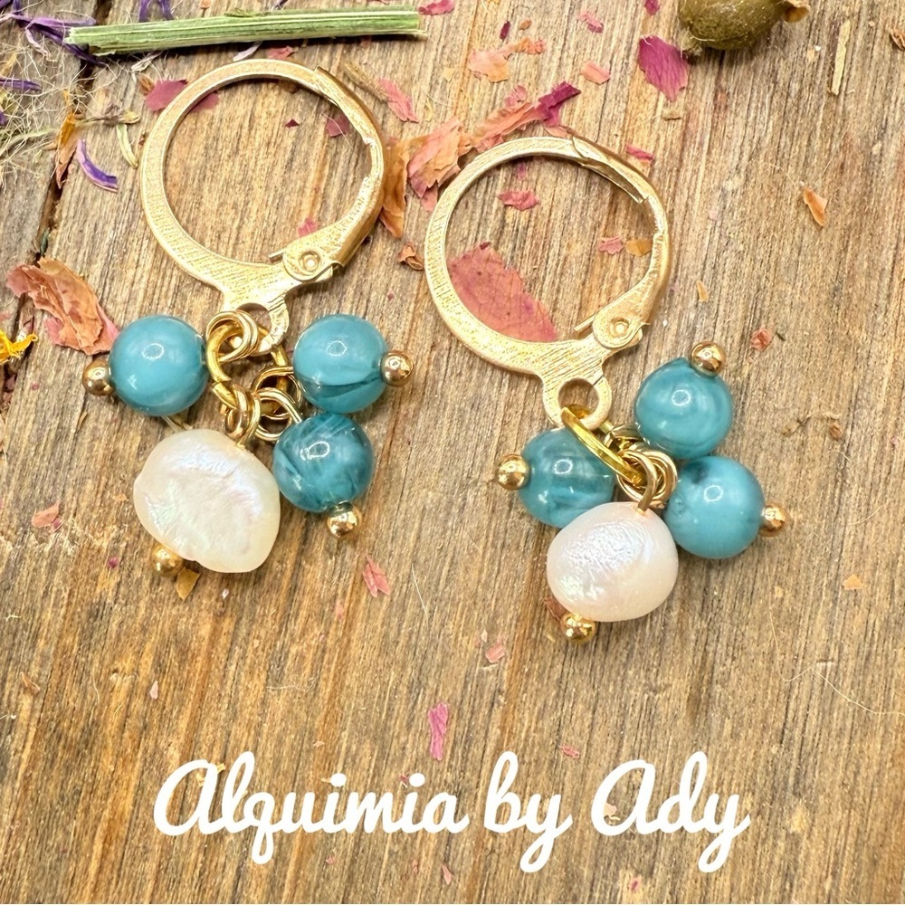 Statement freshwater pearl and blue gemstones statement earrings